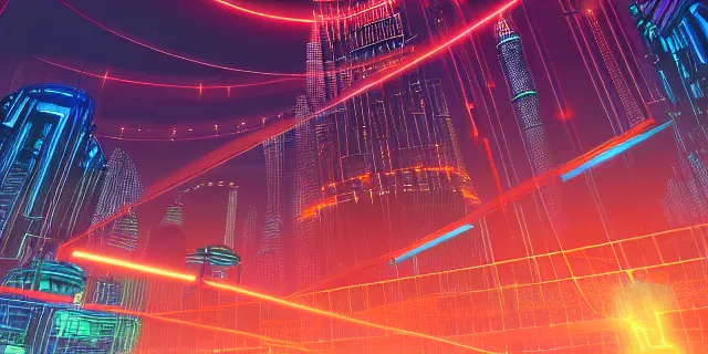 Prompt: glowing chains of interconnected network of technological cubes, in the middle of a futuristic cyberpunk dubai city, in the art style of dan mumford and marc simonetti, atmospheric lighting, intricate, volumetric lighting, beautiful, sharp focus, ultra detailed