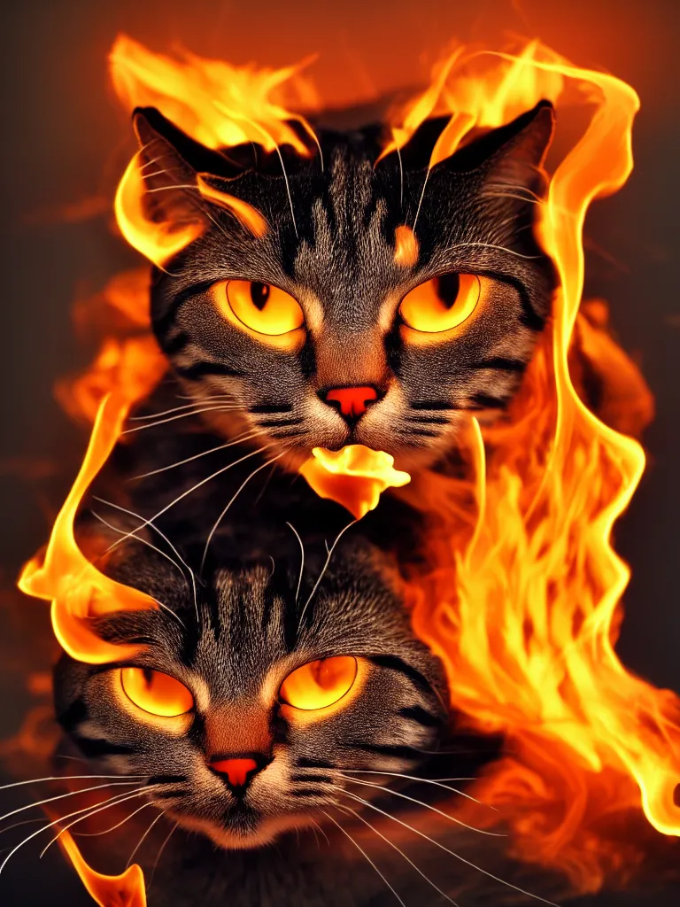 Prompt: high resolution 4k Cat made of flame, fire, firecat, smoke, vapor, rain, dark sky