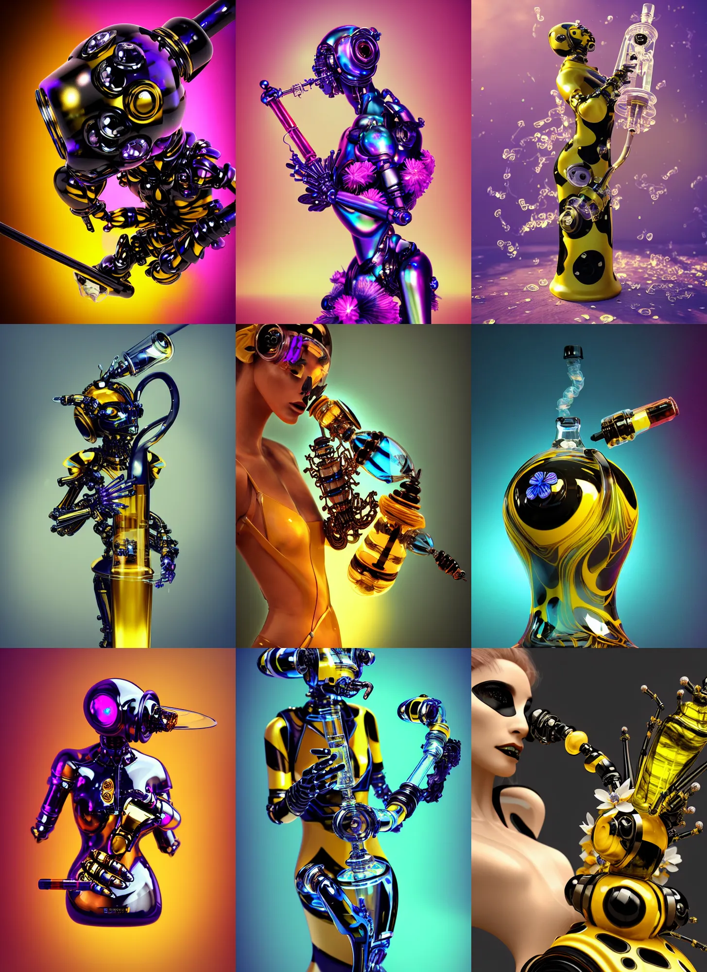 Image similar to cybernetic pearlescent obsidian bumblebee edm cyborg, smoking a floral bong | ornate | glamorous oily soft polished rich grand modern | weta disney pixar movie still photo | hi - fructose, sci fi fantasy, golden ratio, smooth, octane render, sharp focus, artstation, concept art | beeple, feng zhu, mucha, rutkowski |