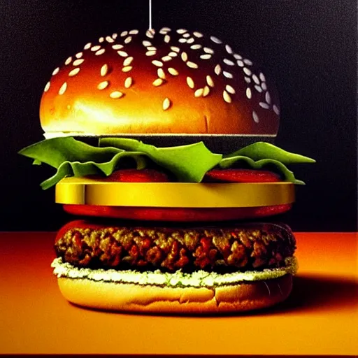 Prompt: hyperrealistic still life portrait of a big mac hamburger exploding inside of a serene temple, beautiful plans, sacred geometry, light refracting through prisms in a tesseract, by Caravaggio, botanical print, surrealism, vivid colors, serene, golden ratio, rule of thirds, negative space, minimalist composition