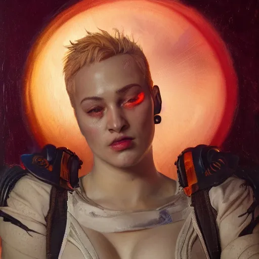 Prompt: portrait of zarya from overwatch in disco elysium, by alexander mcqueen, by roberto ferri, by tom bagshaw, by j. c. leyendecker and klimt, by austin osman spare, highly detailed oil painting, very intricate, cinematic lighting, award - winning, american romanticism, artstation, cgsociety, official art, octane