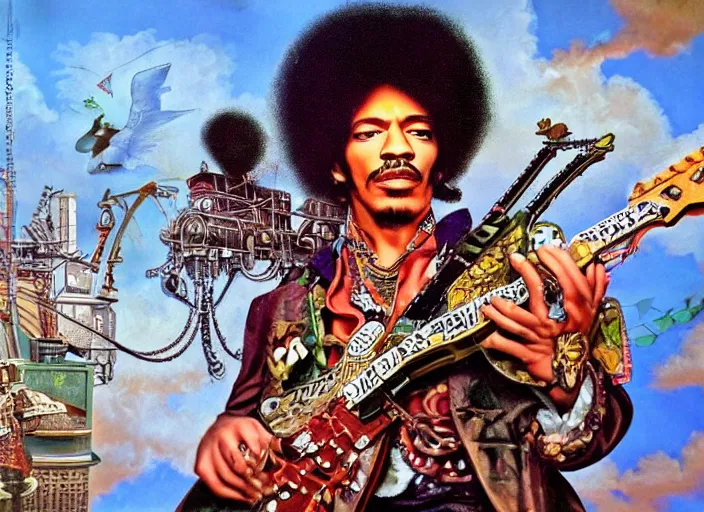 Image similar to steampunk jimi hendrix, lowbrow, matte painting, 3 - d highly detailed, in the style of mark ryden,