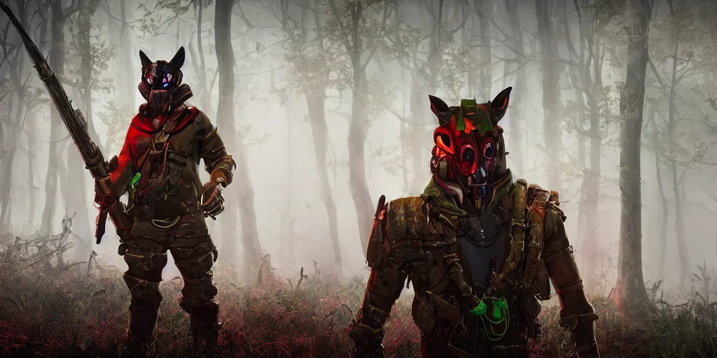 Image similar to inside of strange misty swamp landscape a gamekeeper wearing a steampunk and cyberpunk mechanical fluorescent mystical animal mask and red hood. in style of fornite game. night fog,, beautiful render, octane render