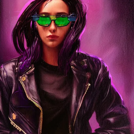 Image similar to very detailed masterpiece painting of a very beautiful wet young mexican cyberpunk woman with blue shutter shades, shaved one side haircut, dark purple hair, purple leather jacket, closeup, cyberpunk background, purple lighting, raining, portrait, artstation, concept art by greg rutkowski