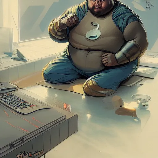 Image similar to a insanely detailed painting of a slightly overweight asian man wearing a homemade superhero costumed, sitting at a computer desk nervously typing on the keyboard, in the style of peter mohrbacher, dramatic lighting and composition, trending on artstation, concept art, comic book, graphic novel