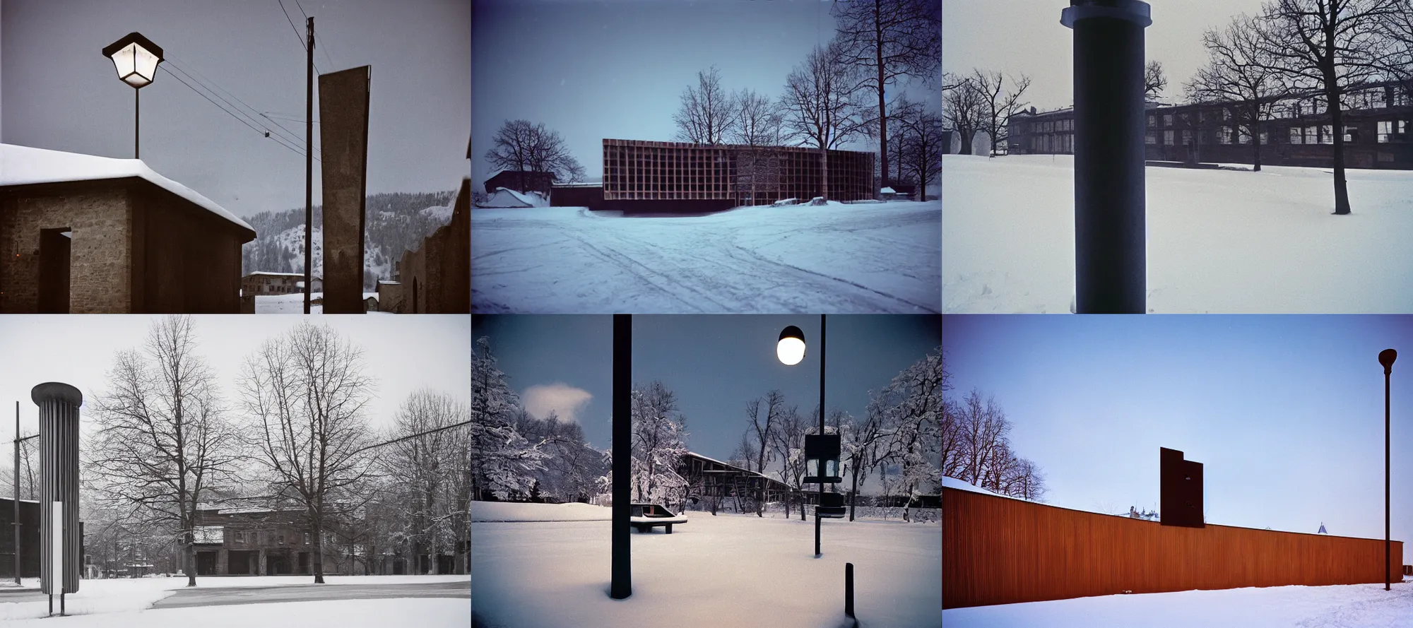 Prompt: 1950 by Peter Zumthor flickr heidelberg school photo taken with ektachrome provia photo taken with provia a matte painting a snowy landscape with a lamp post in the foreground