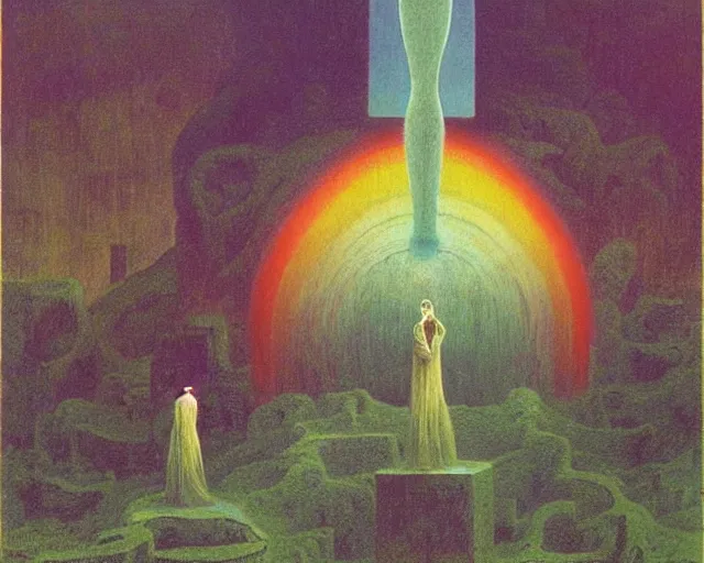 Image similar to praying to ancient gods of transitioning by beksinski, carrington, bosch, dali, barlowe, magritte, pagan bright multirainbow colors