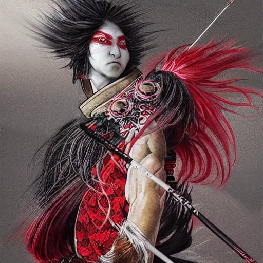 Image similar to an epic portrait of insane kabuki male wielding a spear and doing the nirami covered in a magical mist of insanity, intricate hakama, poofy red wig, eerie, highly detailed, dark fantasy, art by artgerm and greg rutkowski