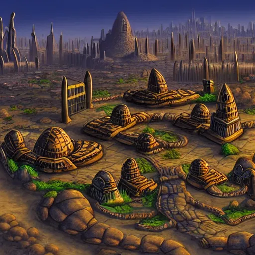 Image similar to Large Fantasy City located on the back of a Giant tortoise stomping through the hot sunny desert, High detail, Dungeons and Dragons, Focus on giant tortoise, 4k