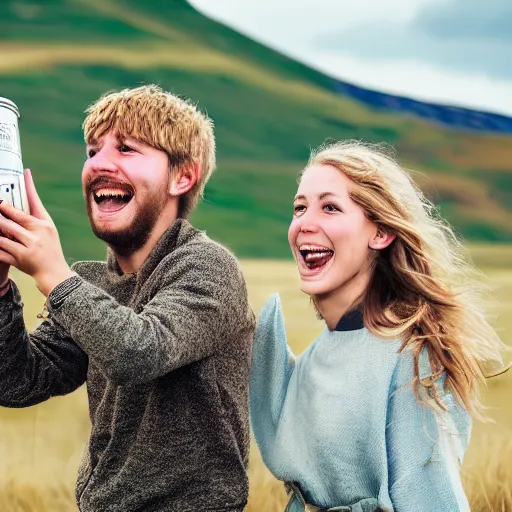 Image similar to a highly detailed portrait of a young couple from the side, holding a tin can, renote icelandic village, summer, blonde hair, muted colors, joy, trending on artstation,