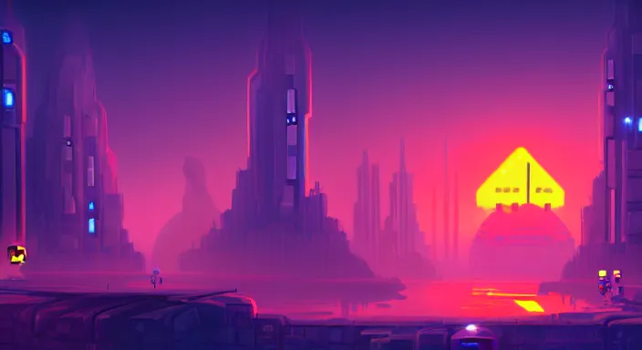 Prompt: beauiful background painting of night level of a 2 d sidescroller game, in a futuristic city in an alien world, orange sky, video game art, pixel art, concept art, surreal and charming, retro futurism, ultra detailed, cool lighting, trending on artstation