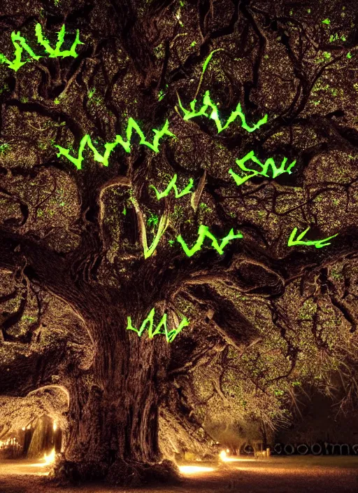 Image similar to very old huge oak tree with fluorescent glowing sigils on bark, glowing metallic leaves