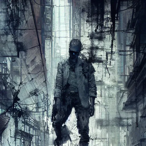 Prompt: lost and alone in an industrial wasteland screaming cyberpunk, wires, machines by emil melmoth zdzislaw belsinki craig mullins yoji shinkawa realistic render ominous detailed photo atmospheric by jeremy mann francis bacon and agnes cecile ink drips paint smears digital glitches glitchart