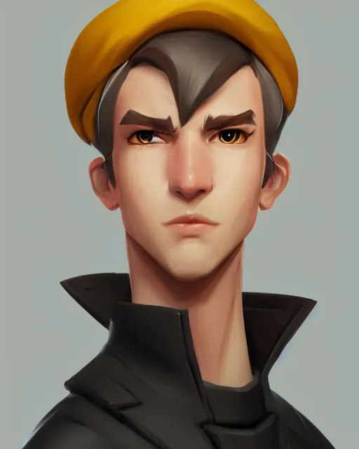 Image similar to overwatch concept art character portrait of a new character who is a young blonde man with a beret with stubble face and long nose and gaunt cheeks, trending on artstation, cgsociety,
