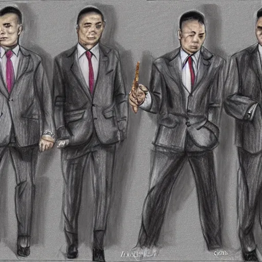 Prompt: A drawing of Kazakh mafia in stylish Italian suits with Tommy guns, smoking cigars