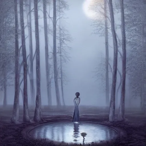 Prompt: an ultra detailed painting of a girl in a silver dress sitting in a gigantic ancient tree next to a pond at night, surrounded by a towering dark forest, the moon can be glimpsed through the trees and is veiled by fog, fog obscures the background, midnight, dark fantasy, fantasy forest, spooky forest, highly realistic, realistic painting