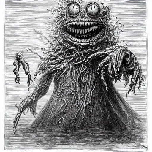 Image similar to full body grayscale drawing by Gustave Dore of Kermit the Frog as an undead monster, Sesame Street, swirling wispy smoke, intricate, very very detailed