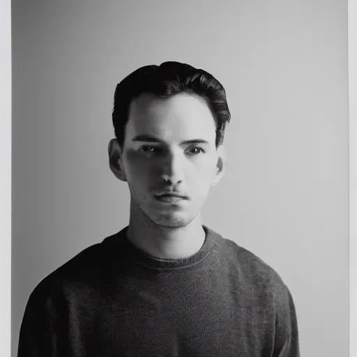 Prompt: A large-format portrait of a man behind a white backdrop, spot-lighting, depth of field, high contrast, black and white