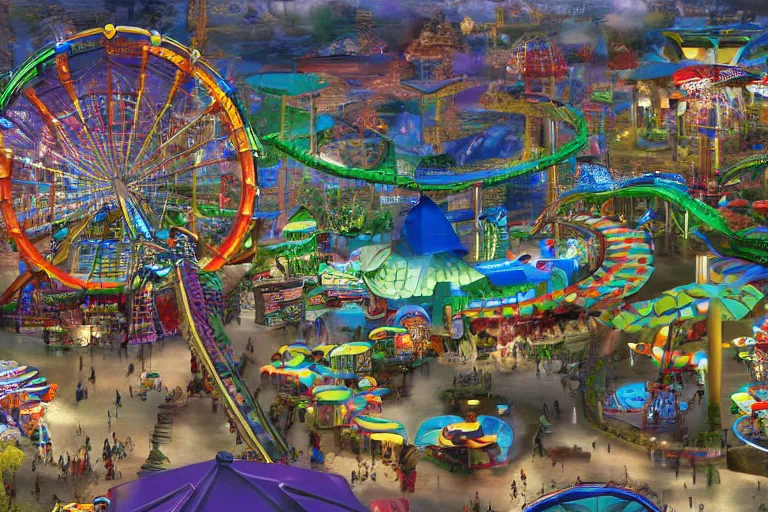 Image similar to a giant amusement park. fun. photorealism.