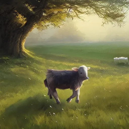 Image similar to beautiful concept art of a cute calf having the zoomies on a meadow by greg rutkowski