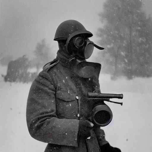 Prompt: A photo of a man in a ww1 gas mask holding a shotgun in a blizzard