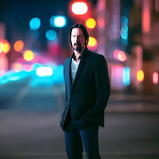 Prompt: a still of Keanu Reeves. Shallow depth of field. City at night in background, lights, colours ,studio lighting, mood, 4K. Profession photography