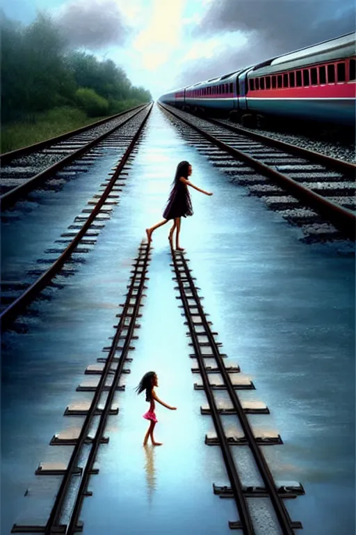 Image similar to reflective water submerges invisible underwater train tracks as a barefoot girl carries her shoes, there is a train station in the distance and large white clouds on a wide horizon, intricate, elegant, highly detailed, digital photo, artstation, concept art, smooth, sharp focus, low angle photo, art by artgerm and greg rutkowski and fra angelico