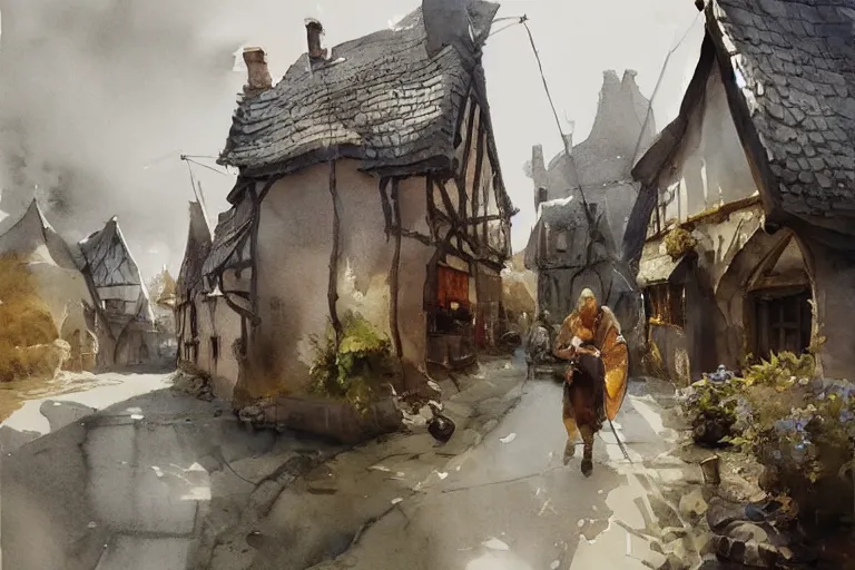 Prompt: abstract watercolor painting of village street, bailey ring wall in stone, medieval straw roof, scandinavian viking age, ambient lighting, art by hans dahl, by jesper ejsing, art by anders zorn, wonderful masterpiece by greg rutkowski, cinematic light, american romanticism by greg manchess, creation by tyler edlin