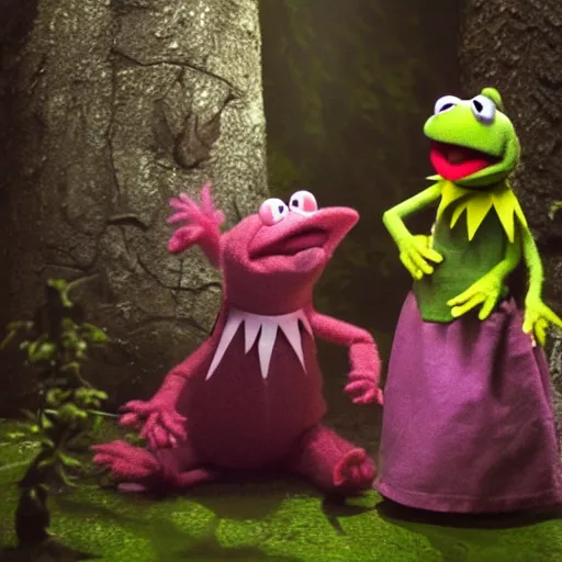 Image similar to demonic muppets in magical forest, kermit, miss piggy, gonzo, dark atmosphere, soft lighting, high detail, 8 k