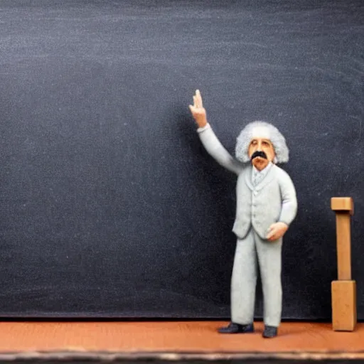 Image similar to claymation miniature scene of albert einstein standing in front of miniature blackboard with lots of mathematical formulas chalked on