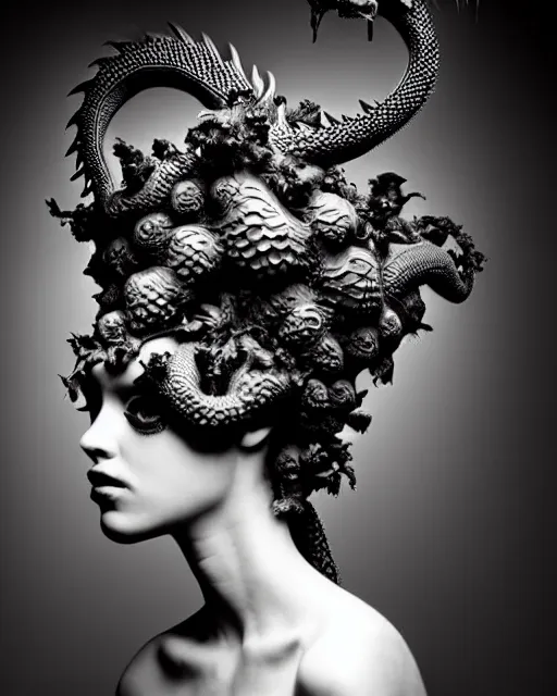 Image similar to dark background, a black and white high quality dreamy photo of a young beautiful female queen-dragon-vegetal-flower-cyborg bust with a very long neck and delicate Mandelbrot fractal face, elegant, highly detailed, flesh highly baroque ornate, hair are curled wired cables, elegant, poetic, soft, dreamy, mysterious, high fashion, rim light, in the style of Ellen von Unwerth, Realistic, Refined, Digital Art, Highly Detailed, Cinematic Lighting, rim light, black and white, photo-realistic, 8K