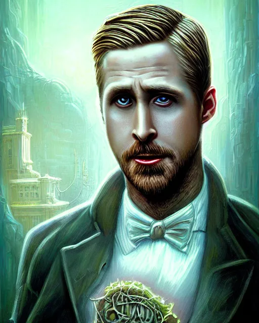 Prompt: lovecraft biopunk portrait of ryan gosling by tomasz alen kopera and peter mohrbacher.