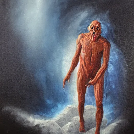 Image similar to Man arising from the depths of hell. Oil painting.