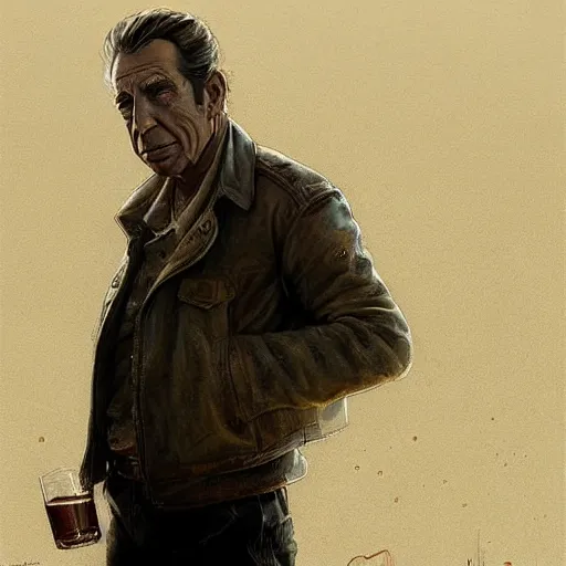 Image similar to a highly detailed epic cinematic concept art CG render digital painting artwork costume design: beareded Humphrey Bogart, old scars, long hair, grizzled, tired, in an old 1950s leather jacket, with a bottle of whisky in hand. By Greg Rutkowski, Ilya Kuvshinov, WLOP, Stanley Artgerm Lau, Ruan Jia and Fenghua Zhong, trending on ArtStation, made in Maya, Blender and Photoshop, octane render, excellent composition, cinematic atmosphere, dynamic dramatic cinematic lighting, aesthetic, very inspirational, arthouse