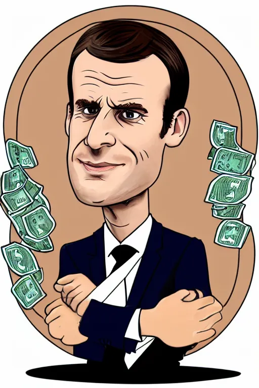 Image similar to Emmanuel Macron sitting on a huge pill of money, cartoon, white background