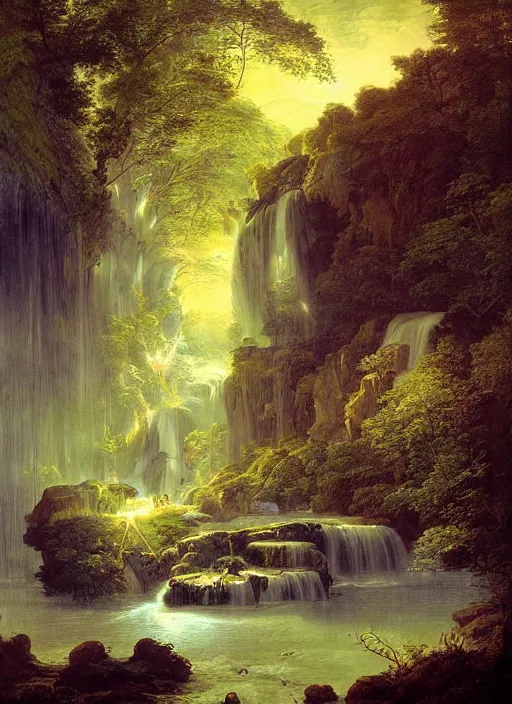 Image similar to a deep cave entrance, waterfalls, harmony of nature, infinite dawn, angelic light, sparkling dew, epic atmosphere, by asher brown durand, by yoshitaka amano