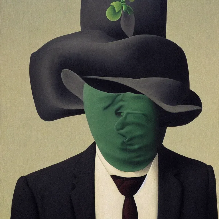 Prompt: portrait of man in a suit with covered face by rene magritte, detailed painting, hd, hq, high resolution, high detail, 4 k, 8 k