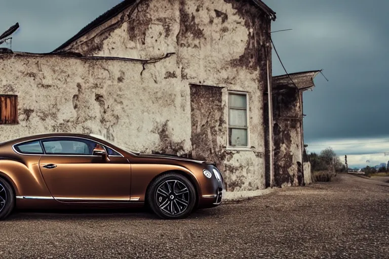 Image similar to modern rusty matte tired Bentley Continental GT without gloss no reflections drives along the road of an old Russian village with houses at the edges