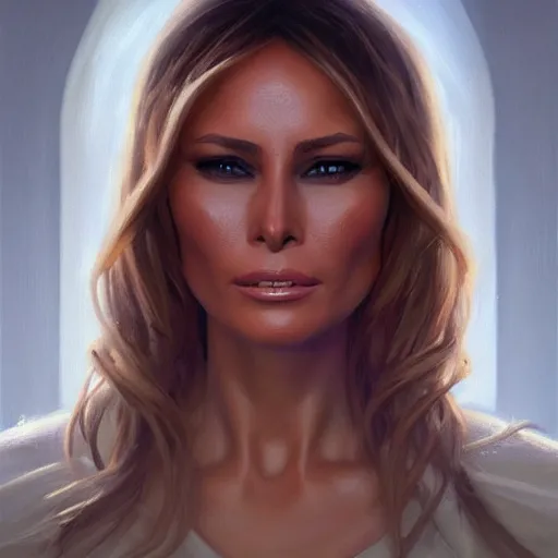 Image similar to a portrait painting of melania trump in the oil painting unreal 5 daz. rpg portrait, extremely detailed artgerm greg rutkowski alphonse mucha vladimir volegov