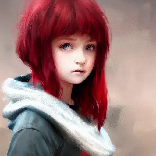 Image similar to a cute tiny girl with short red hair wearing a hoodie, digital art, very beautiful face, pretty face, very detailed eyes, full body illustration, 8 k resolution, soft painting, by greg rutkowski, wlop, rossdraws,