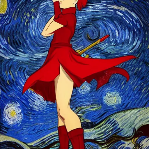 Prompt: full body portrait of Ruby Rose of RWBY, night time, star background, fantasy character portrait, casual pose, smiling, artwork by Vincent van Gogh and Amy Sherald, perfect face, simple form, 100m