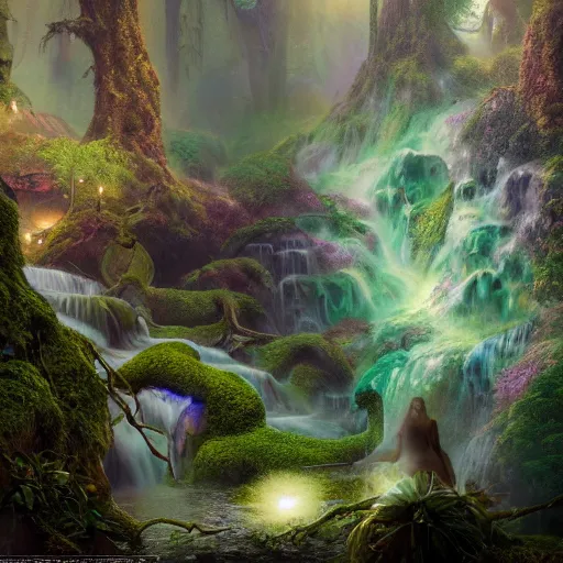 Prompt: tom bagshaw, mythical cosmic shrine, soft painting render curiosities carnival pond river vegetation rocks bugs wildlife mushrooms covered moss bioluminescent wisps, beautiful amazon full armor stunning waterfall, accurate features, focus, very intricate ultrafine details, random volumetric lighting, fog, award winning masterpiece, octane render 8 k hd, artstation