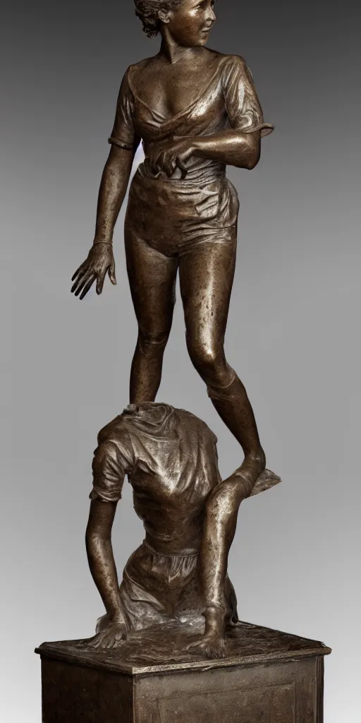 Prompt: detailed photo of an old bronze patina statue of beautiful emma truman, full body portrait, photorealism, intricate detail, museum diffuse lighting