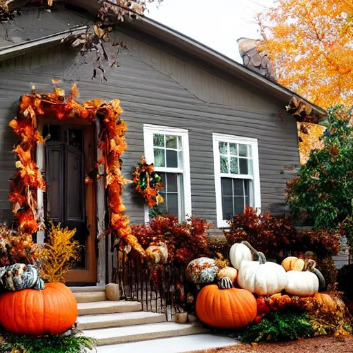 Prompt: a house decorated for rosh hashanah, cozy, festive, creative fall decorations