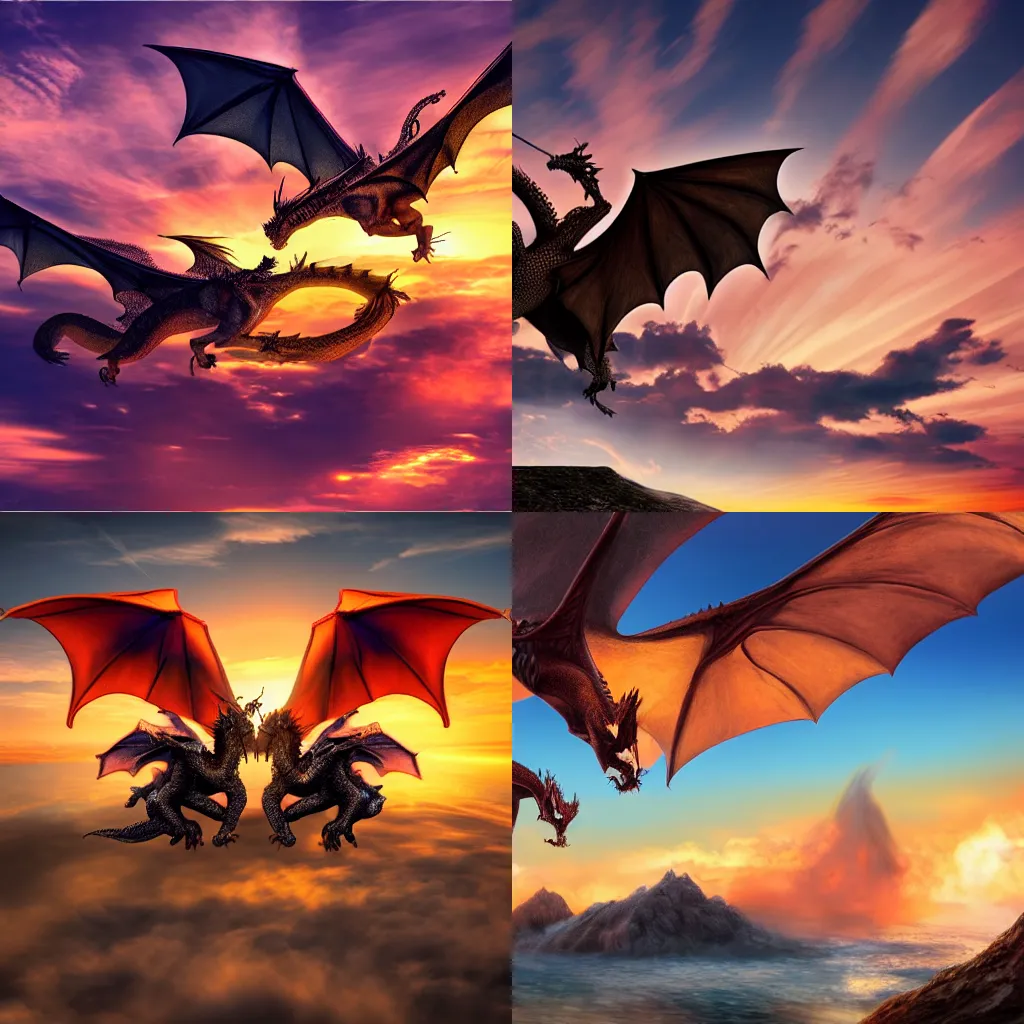 Prompt: Two dragons fighting, breathing fire in the sky, sunset in background, hyperrealism, 4k