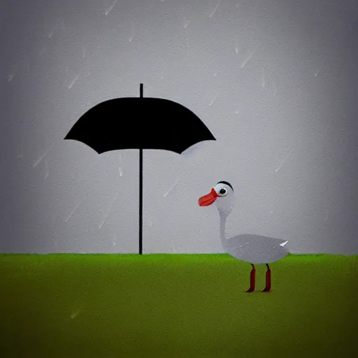 Image similar to silly little sad goose standing under dark rain cloud, being rained on, animated, digital art, stylistic, trending on artstation