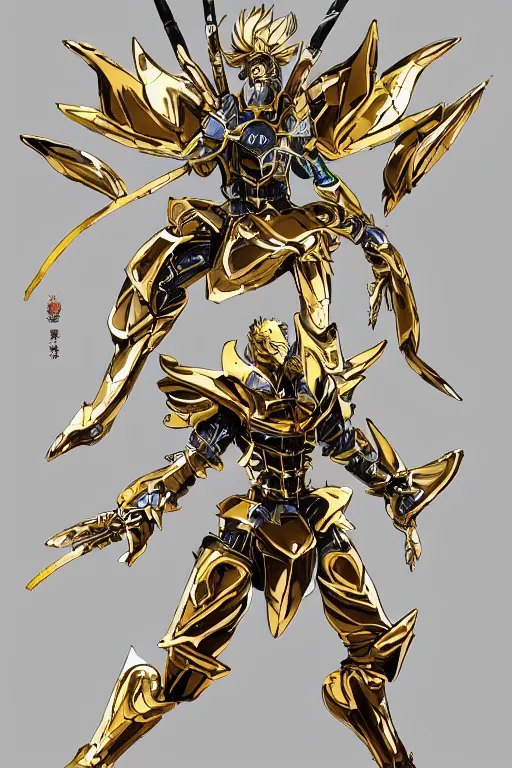 Image similar to an anime showing the new golden armor zodiac Knight by tatsuya Yoshikawa artist Rendering the frog constellation armor . Sharp focus, full of details, by utsurowazaru mono and jet set radio , ,concept art, trending on artstation and cell shading