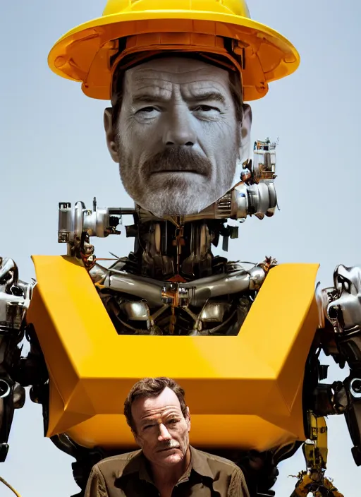 Prompt: closeup portrait of mecha bryan cranston with construction crane, yellow hardhat, natural light, bloom, detailed face, magazine, press, photo, steve mccurry, david lazar, canon, nikon, focus