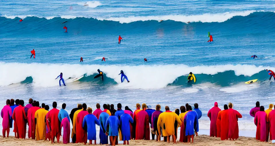 Image similar to worshippers in robes belonging to the cult of the surfers, surfing in waves, standing on surfboards, surfing inside one large barreled wave, high detailed colors, blue