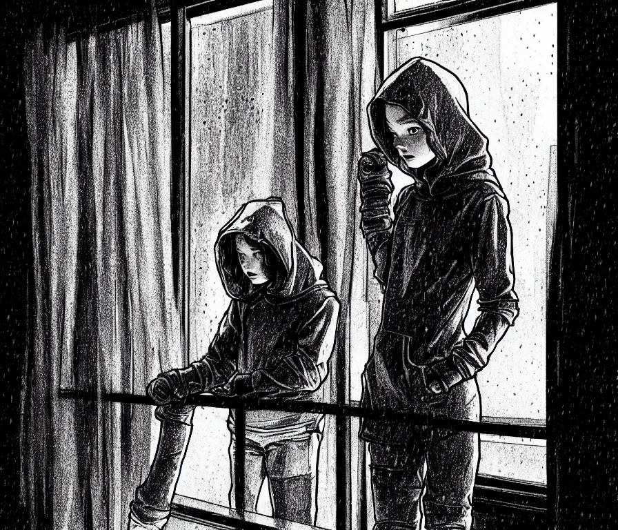 Prompt: sadie sink in hoodie sits, knees tucked in, on windowsill | rain falls at night : b & w storyboard drawing, scifi cyberpunk. by gabriel hardman, joe alves, chris bonura. cinematic atmosphere, detailed and intricate, perfect anatomy